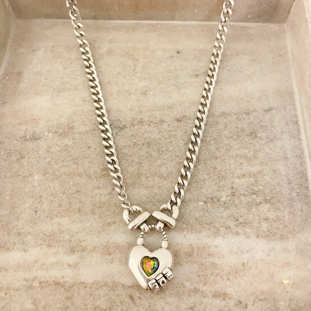 925 Sterling Silver Curb Chain Link Necklace Heart Necklace Heart Lock Chain